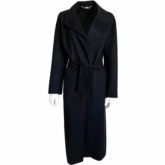 Black Wool Coat by Ascam Italy Trench Style Wrap Made in Italy - Picture 1 of 5